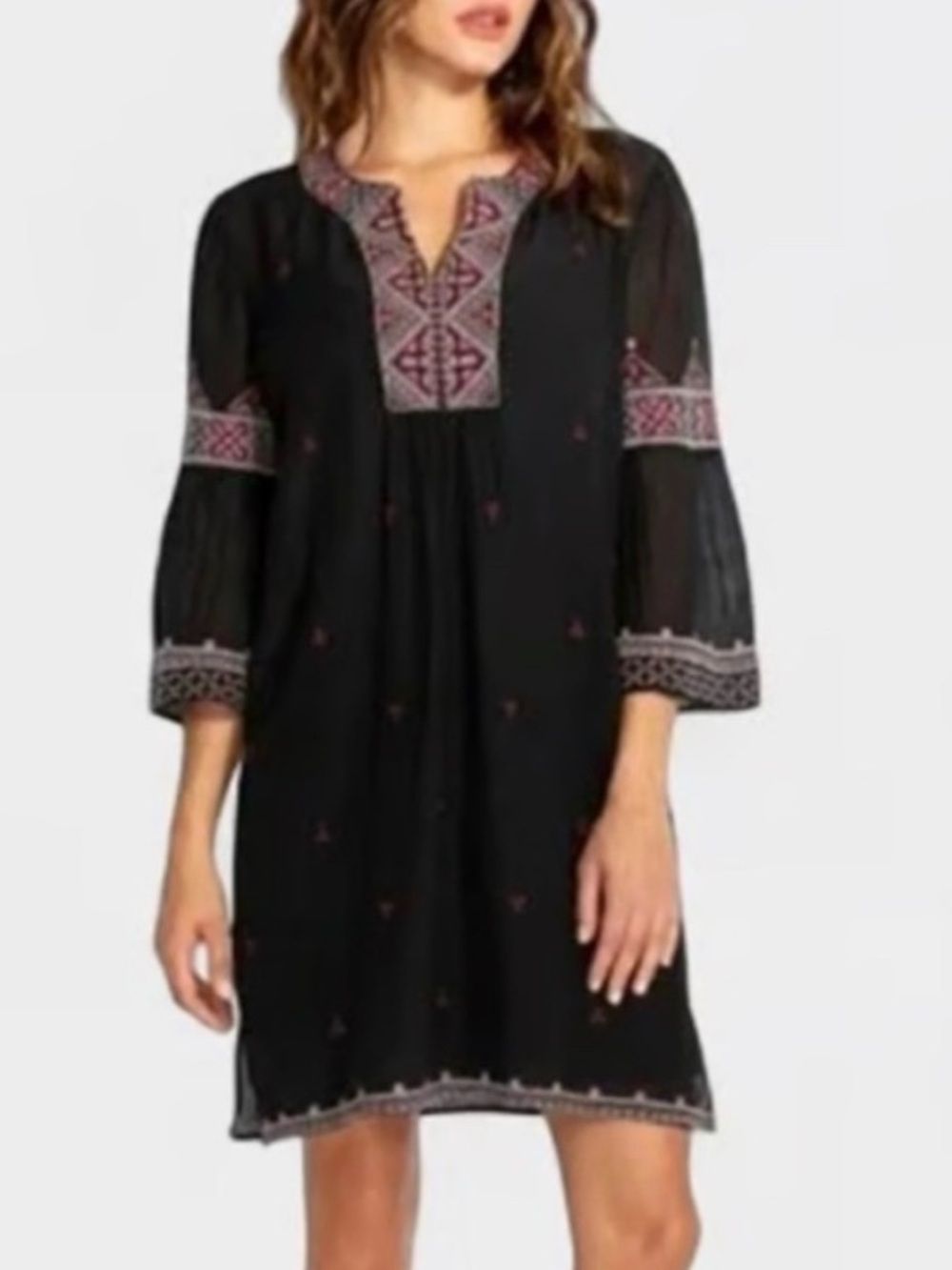 Johnny Was Women's Embroidered Ava Flare Sleeve Tunic Dress in Multi Black